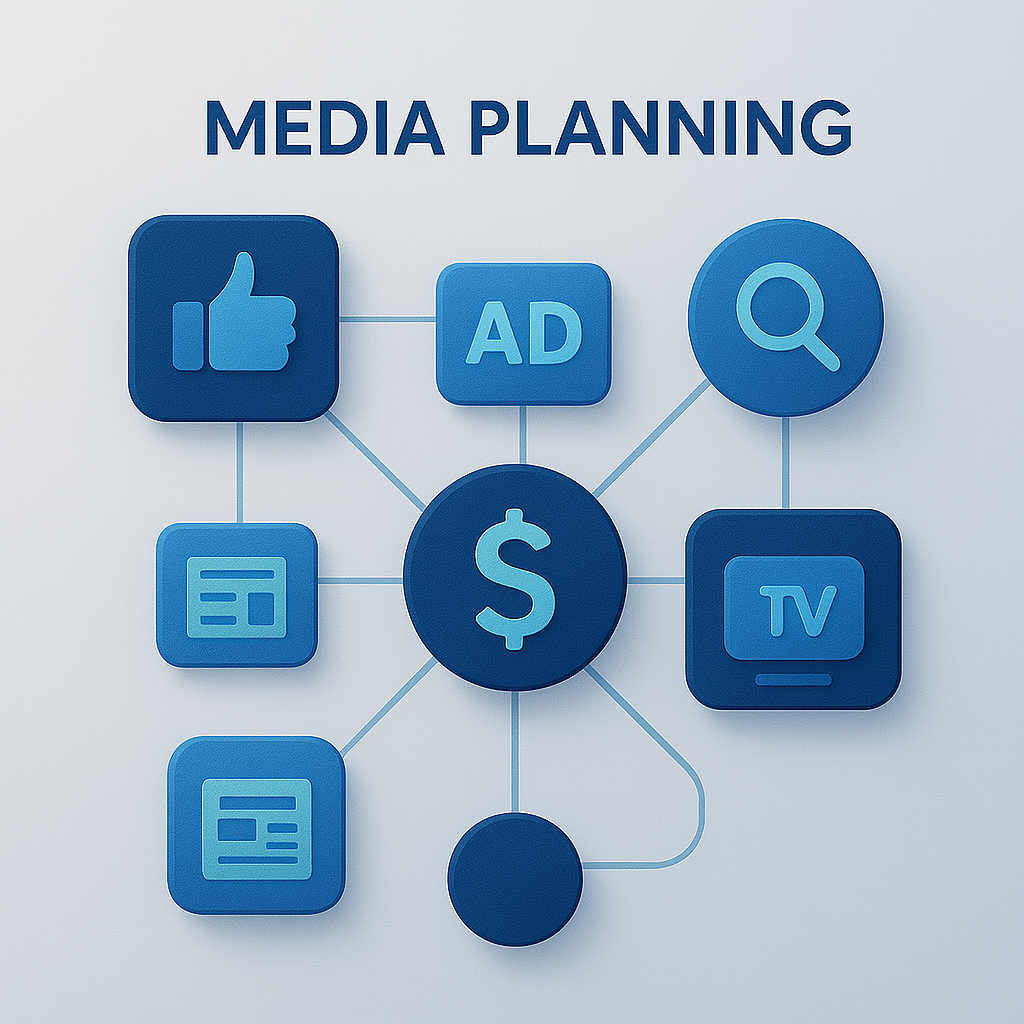 Charts and graphs depicting media planning scenarios and outcomes
