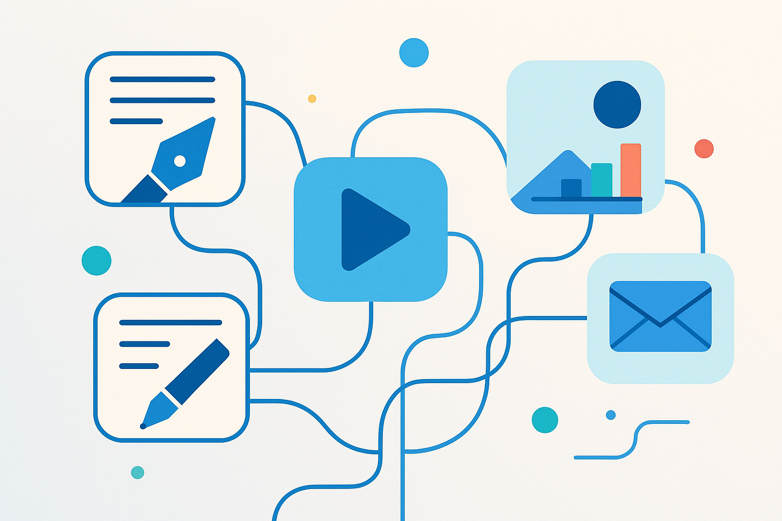 Collage representing content creation: writing, graphics, video snippets