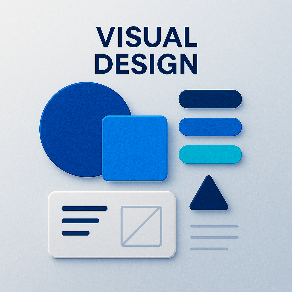 Collage of visual design elements like UI mockups and illustrations